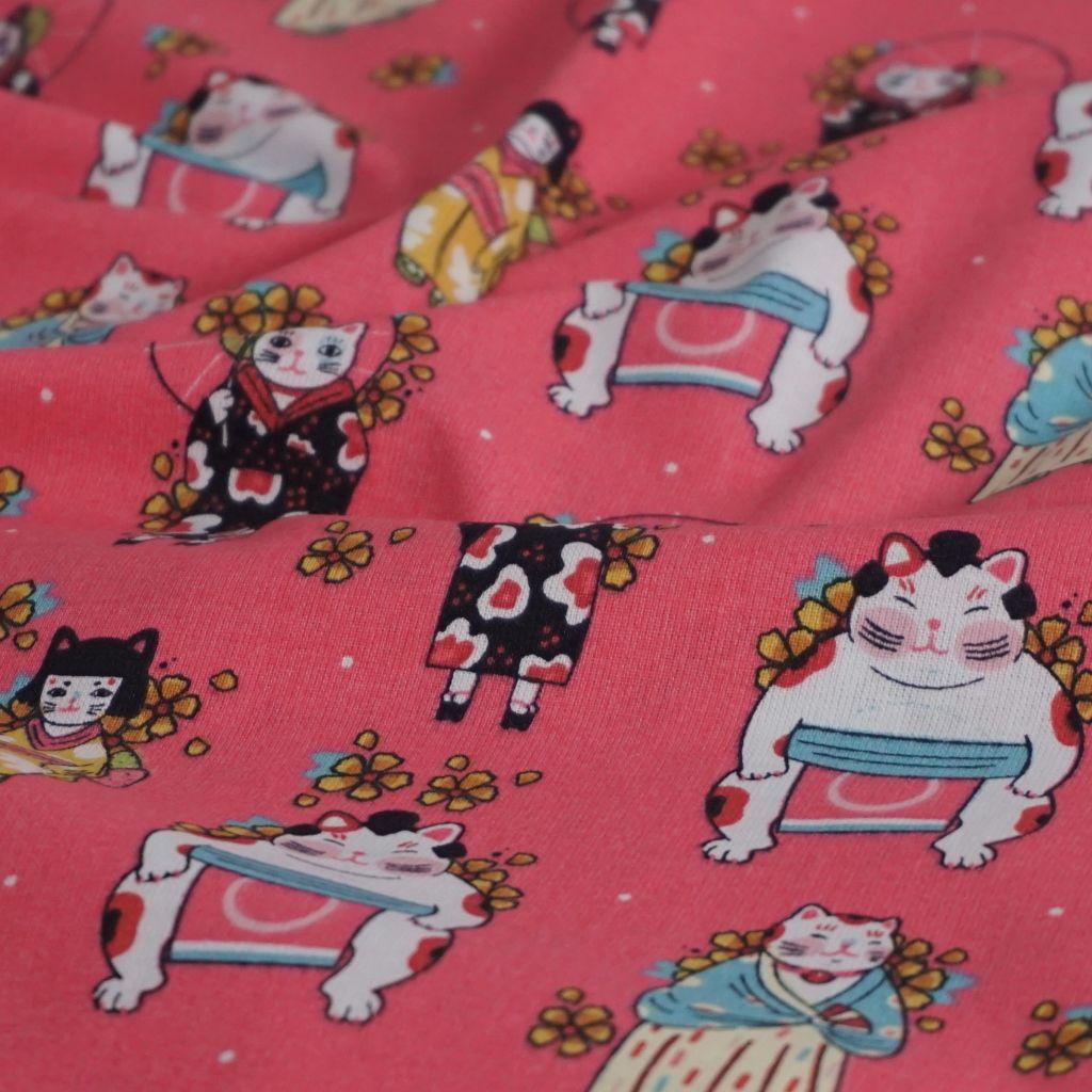 Baumwollstoff Motivdruck Katzen Japanstyle auf bonbonrosa